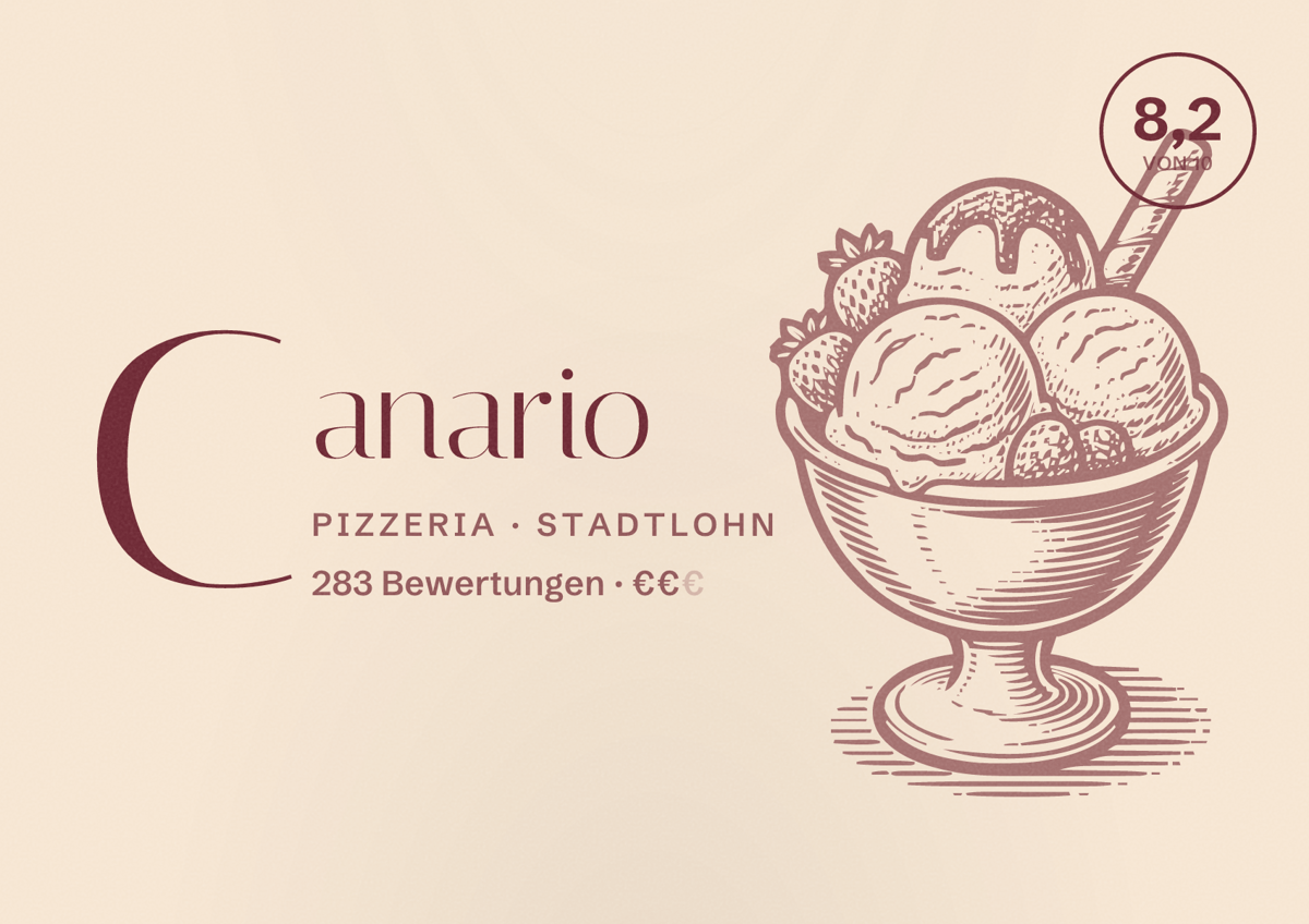 Illustriertes Poster von Canario, Pizzeria in Stadtlohn: Bewertung 8,2 von 10 aus 283 Bewertungen, Preisniveau €€