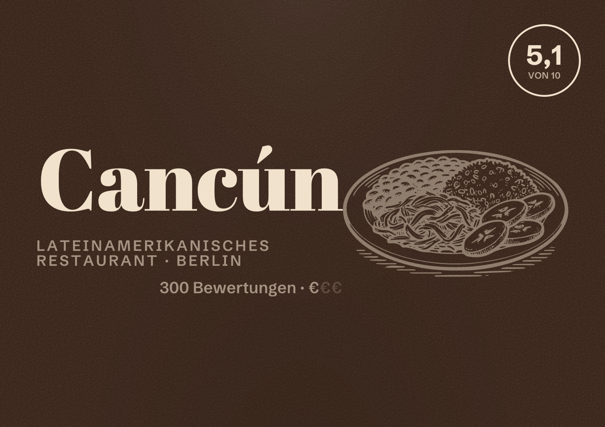 Illustriertes Poster von Cancún, Lateinamerikanisches Restaurant in Berlin: Bewertung 5,1 von 10 aus 300 Bewertungen, Preisniveau €
