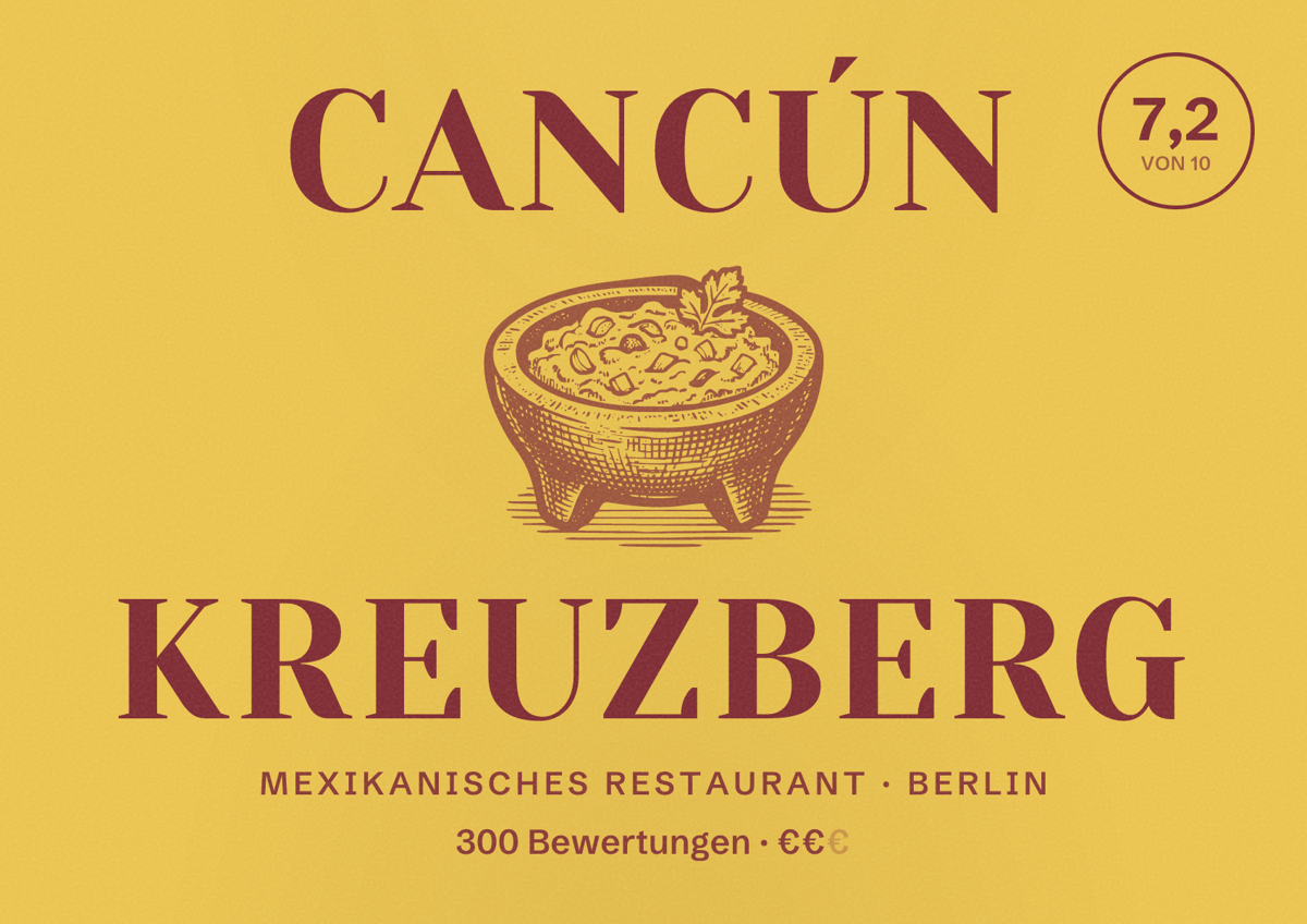 Illustriertes Poster von Cancún Kreuzberg, Mexikanisches Restaurant in Berlin: Bewertung 7,2 von 10 aus 300 Bewertungen, Preisniveau €€