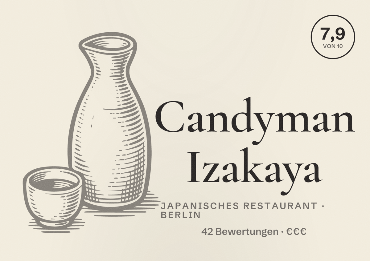 Illustriertes Poster von Candyman Izakaya, Japanisches Restaurant in Berlin: Bewertung 7,9 von 10 aus 42 Bewertungen, Preisniveau €€€