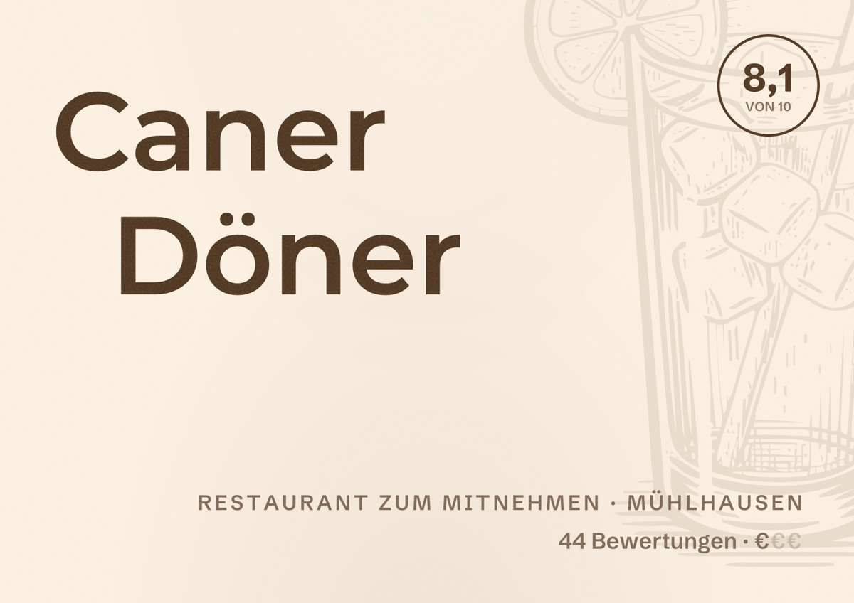 Illustriertes Poster von Caner Döner, Restaurant zum Mitnehmen in Mühlhausen: Bewertung 8,1 von 10 aus 44 Bewertungen, Preisniveau €