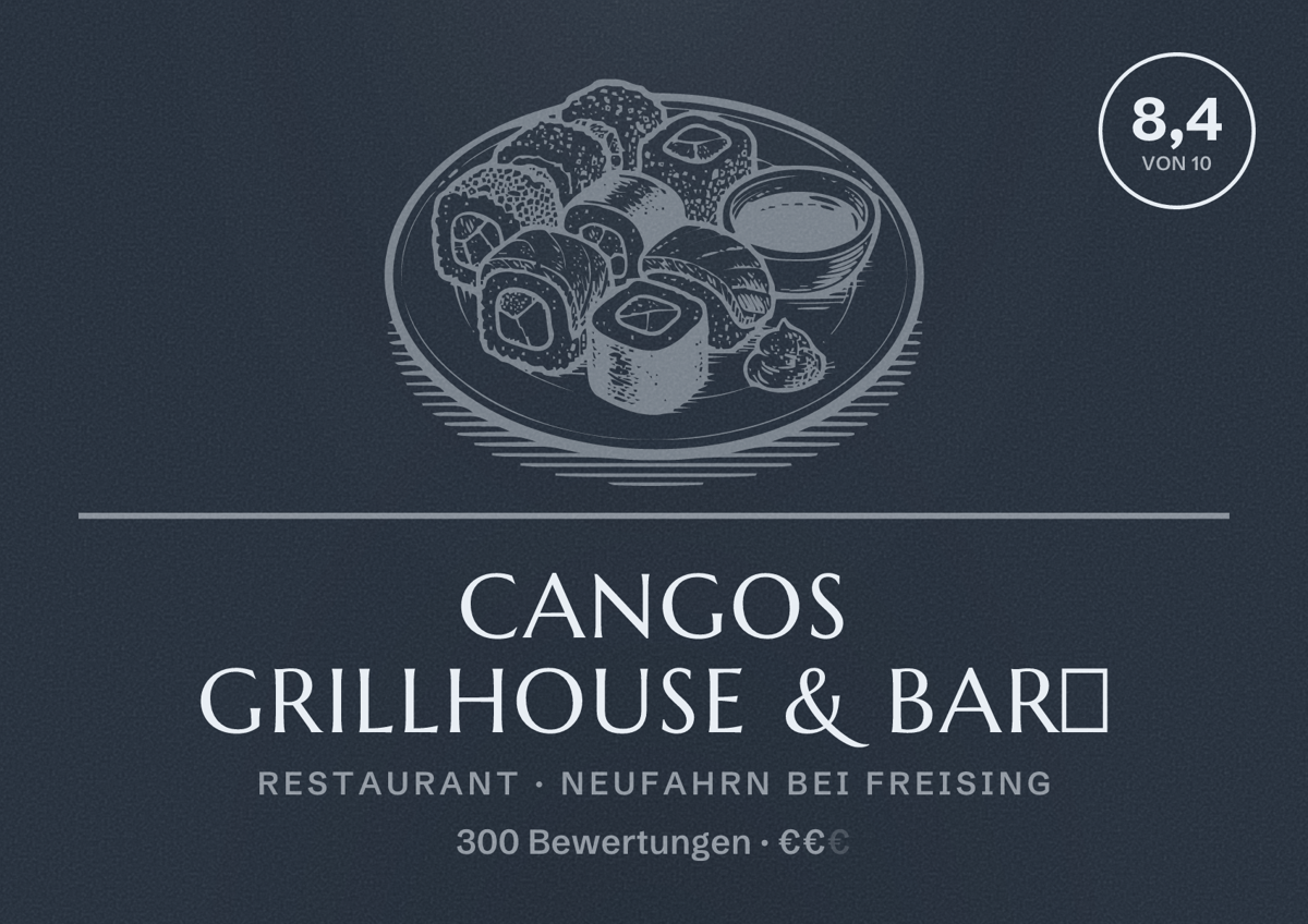Illustriertes Poster von Cangos Grillhouse & Bar🔥, Restaurant in Neufahrn bei Freising: Bewertung 8,4 von 10 aus 300 Bewertungen, Preisniveau €€