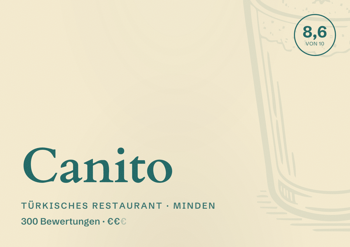 Illustriertes Poster von Canito, Türkisches Restaurant in Minden: Bewertung 8,6 von 10 aus 300 Bewertungen, Preisniveau €€