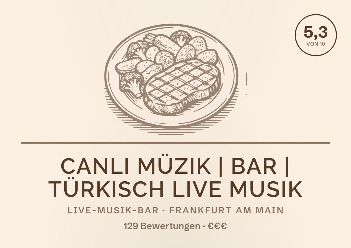 Illustriertes Poster von Canli Müzik | Bar | Türkisch live Musik, Live-Musik-Bar in Frankfurt am Main: Bewertung 5,3 von 10 aus 129 Bewertungen, Preisniveau €€€