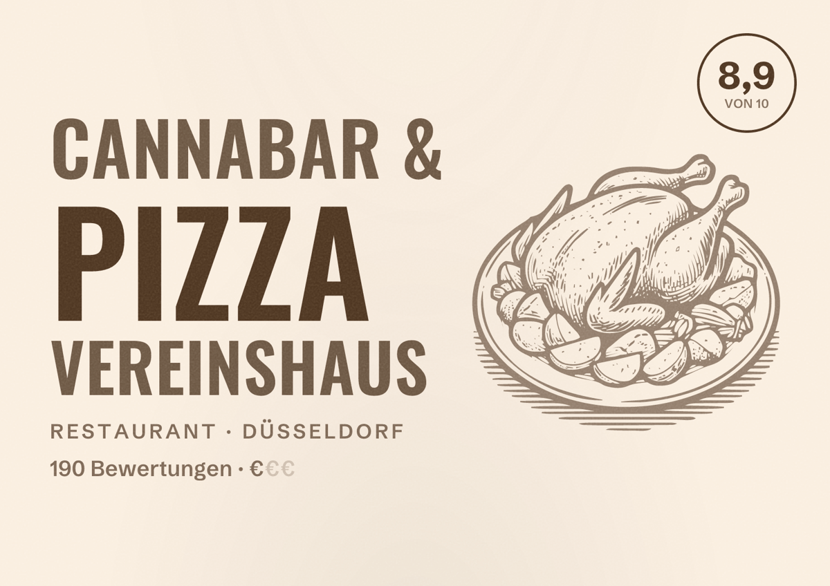 Illustriertes Poster von Cannabar & Pizza Vereinshaus, Restaurant in Düsseldorf: Bewertung 8,9 von 10 aus 190 Bewertungen, Preisniveau €