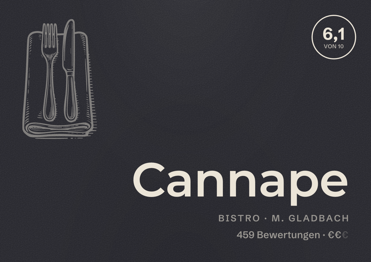 Illustriertes Poster von Cannape, Bistro in M. Gladbach: Bewertung 6,1 von 10 aus 459 Bewertungen, Preisniveau €€
