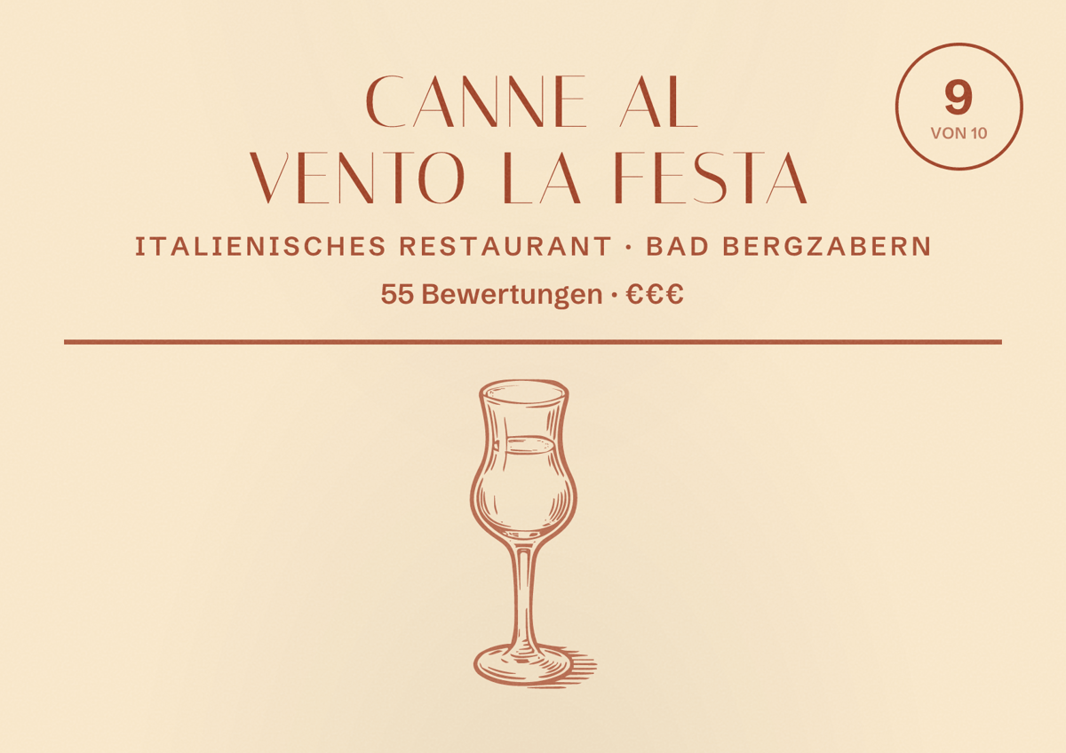 Illustriertes Poster von Canne al Vento la festa, Italienisches Restaurant in Bad Bergzabern: Bewertung 9 von 10 aus 55 Bewertungen, Preisniveau €€€