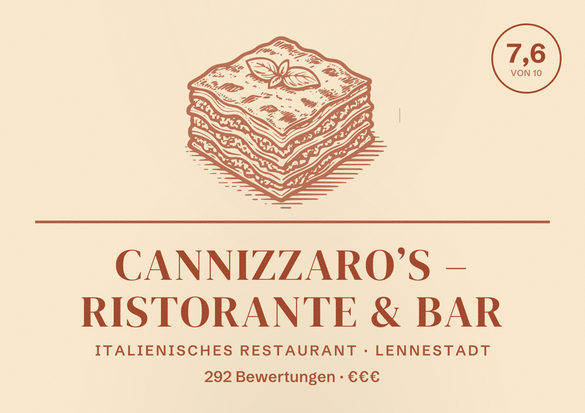 Illustriertes Poster von Cannizzaro’s – Ristorante & Bar, Italienisches Restaurant in Lennestadt: Bewertung 7,6 von 10 aus 292 Bewertungen, Preisniveau €€€