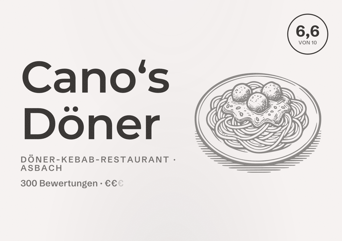 Illustriertes Poster von Cano‘s Döner, Döner-Kebab-Restaurant in Asbach: Bewertung 6,6 von 10 aus 300 Bewertungen, Preisniveau €€