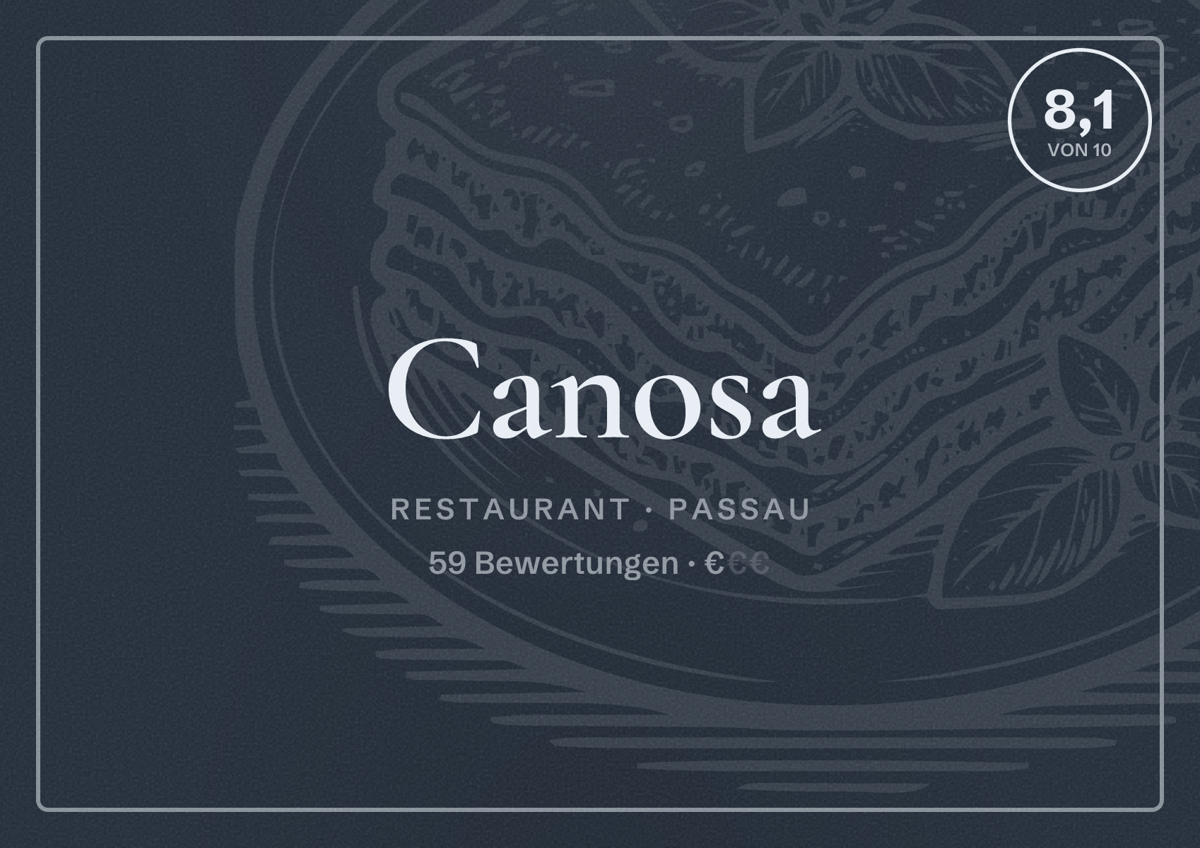 Illustriertes Poster von Canosa, Restaurant in Passau: Bewertung 8,1 von 10 aus 59 Bewertungen, Preisniveau €