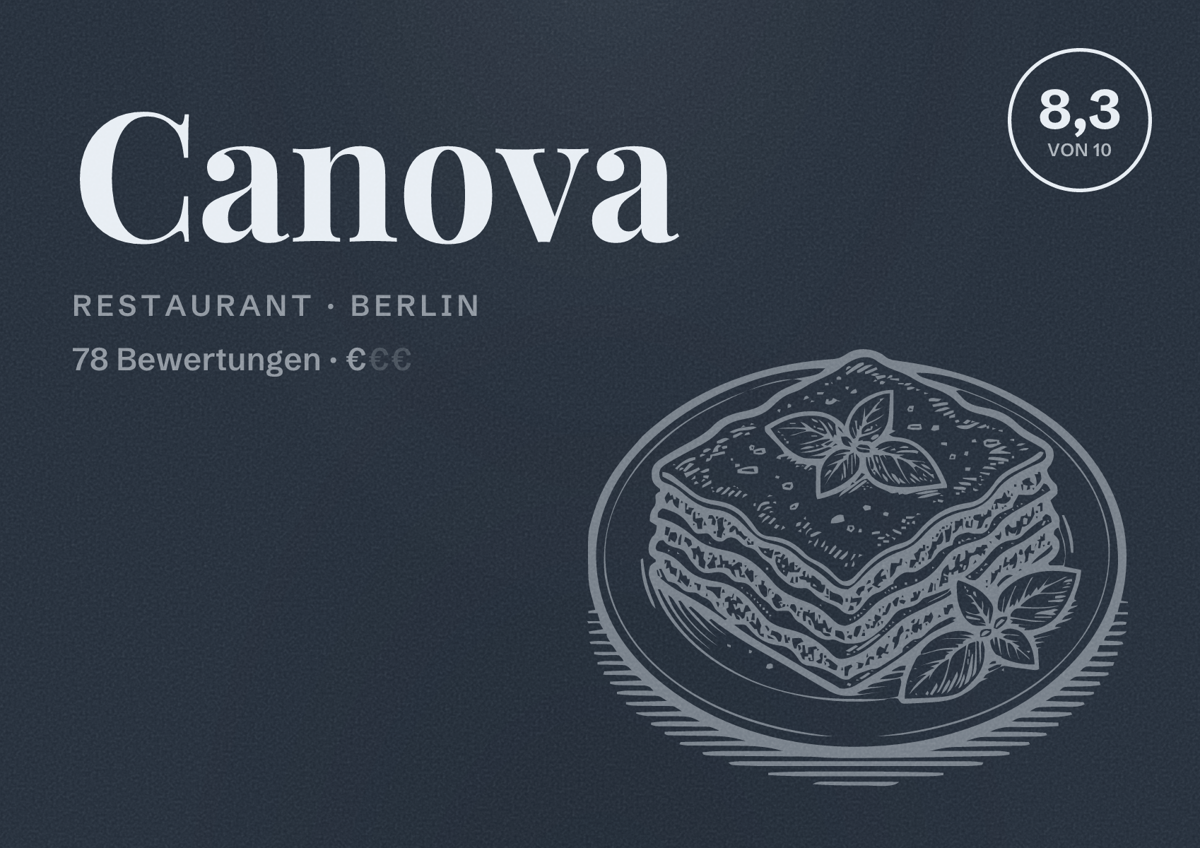 Illustriertes Poster von Canova, Restaurant in Berlin: Bewertung 8,3 von 10 aus 78 Bewertungen, Preisniveau €
