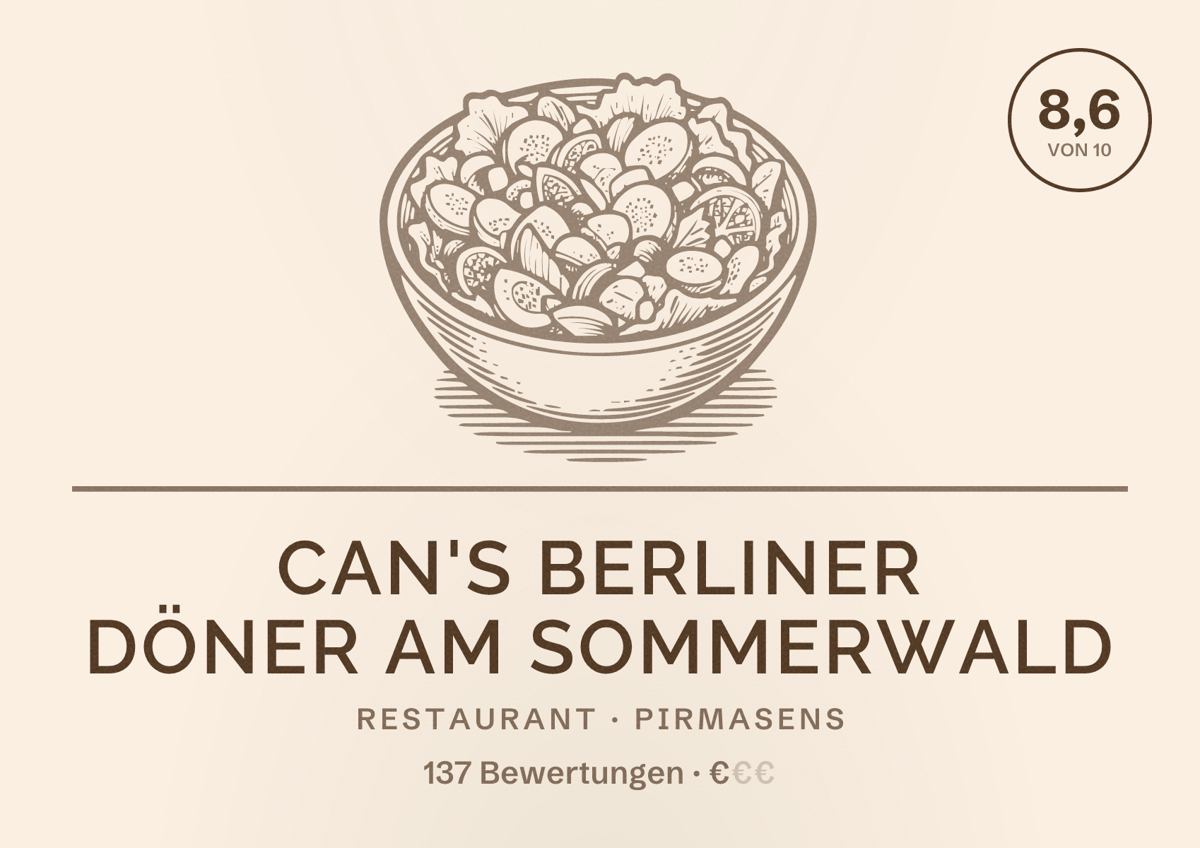Illustriertes Poster von Can's Berliner Döner Am sommerwald, Restaurant in Pirmasens: Bewertung 8,6 von 10 aus 137 Bewertungen, Preisniveau €