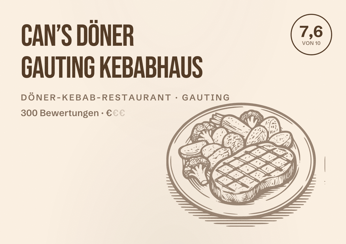 Illustriertes Poster von CAN’S Döner Gauting Kebabhaus, Döner-Kebab-Restaurant in Gauting: Bewertung 7,6 von 10 aus 300 Bewertungen, Preisniveau €
