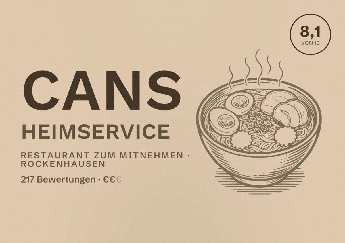 Illustriertes Poster von Cans Heimservice, Restaurant zum Mitnehmen in Rockenhausen: Bewertung 8,1 von 10 aus 217 Bewertungen, Preisniveau €€