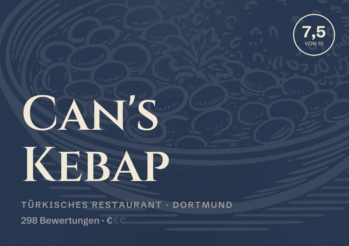 Illustriertes Poster von Can's Kebap, Türkisches Restaurant in Dortmund: Bewertung 7,5 von 10 aus 298 Bewertungen, Preisniveau €