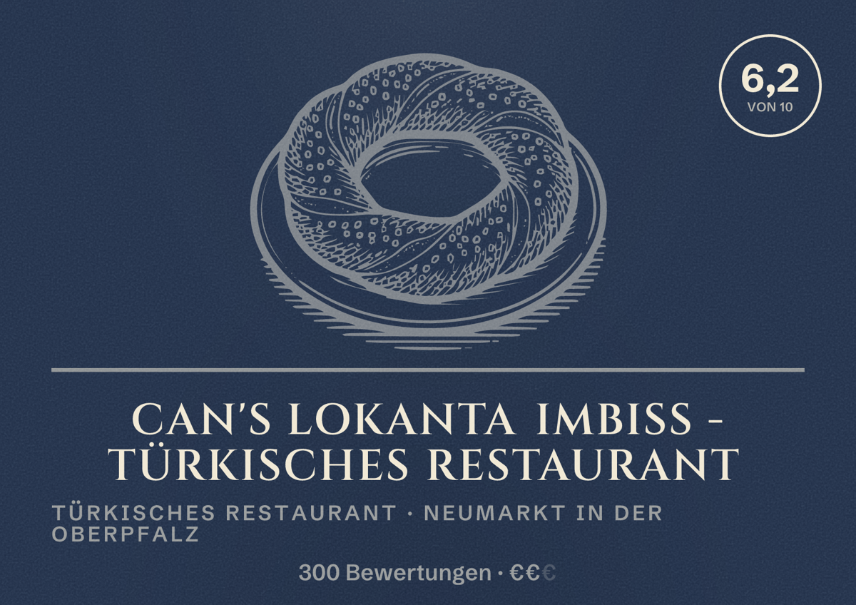 Illustriertes Poster von CAN's Lokanta Imbiss - Türkisches Restaurant, Türkisches Restaurant in Neumarkt in der Oberpfalz: Bewertung 6,2 von 10 aus 300 Bewertungen, Preisniveau €€