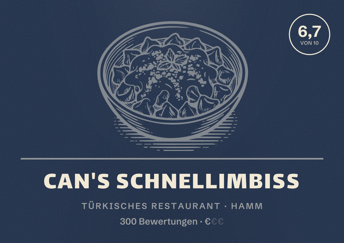 Illustriertes Poster von Can's Schnellimbiss, Türkisches Restaurant in Hamm: Bewertung 6,7 von 10 aus 300 Bewertungen, Preisniveau €