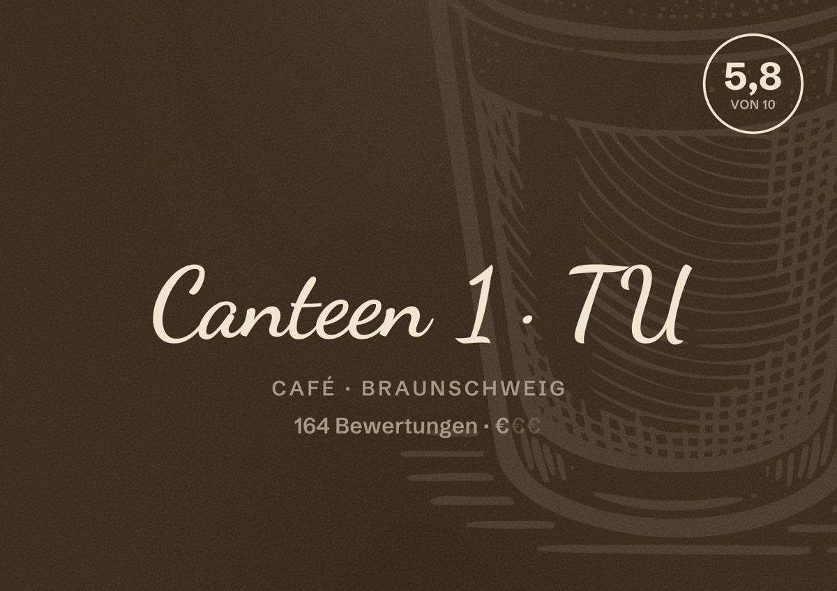 Illustriertes Poster von Canteen 1 TU, Café in Braunschweig: Bewertung 5,8 von 10 aus 164 Bewertungen, Preisniveau €