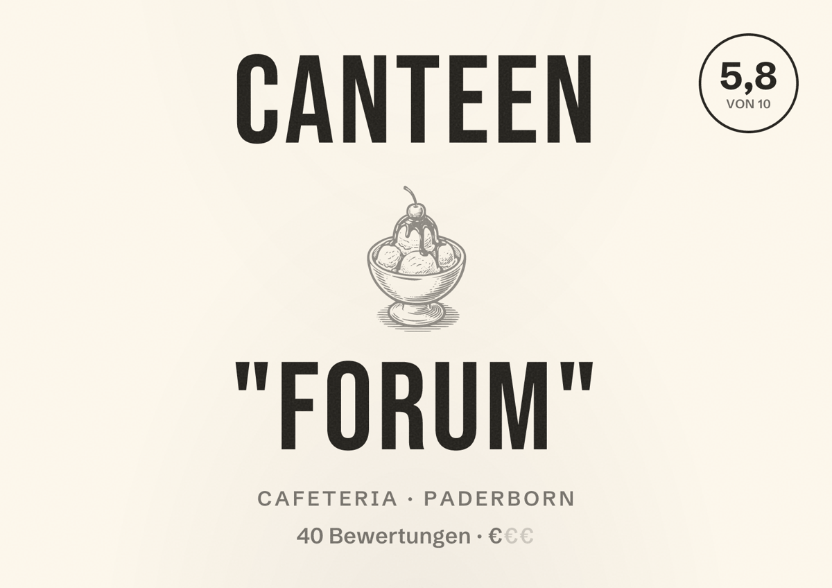 Illustriertes Poster von Canteen "Forum", Cafeteria in Paderborn: Bewertung 5,8 von 10 aus 40 Bewertungen, Preisniveau €