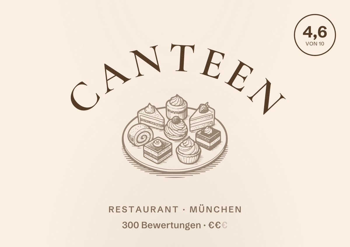 Illustriertes Poster von Canteen, Restaurant in München: Bewertung 4,6 von 10 aus 300 Bewertungen, Preisniveau €€