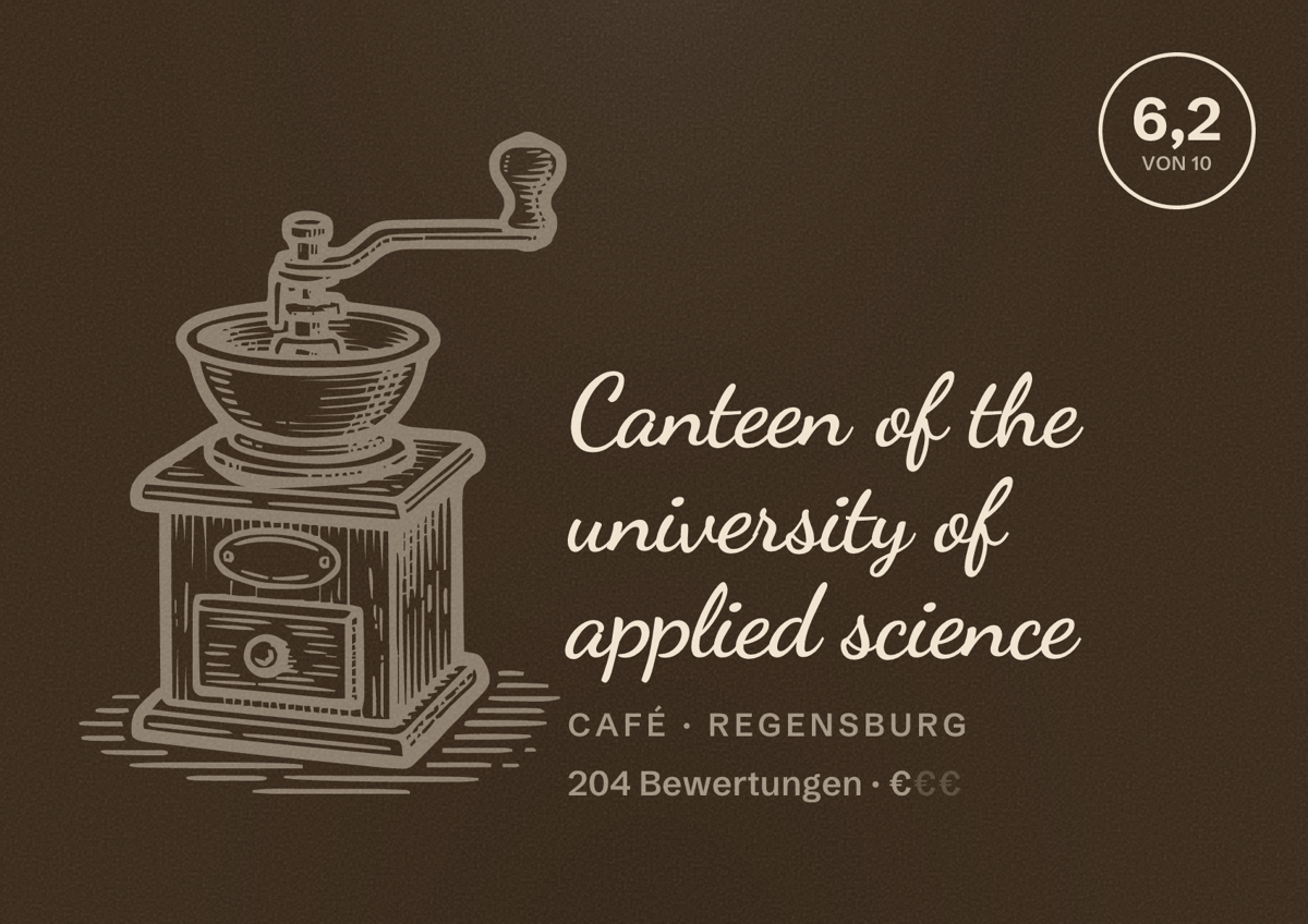 Illustriertes Poster von Canteen of the university of applied science, Café in Regensburg: Bewertung 6,2 von 10 aus 204 Bewertungen, Preisniveau €