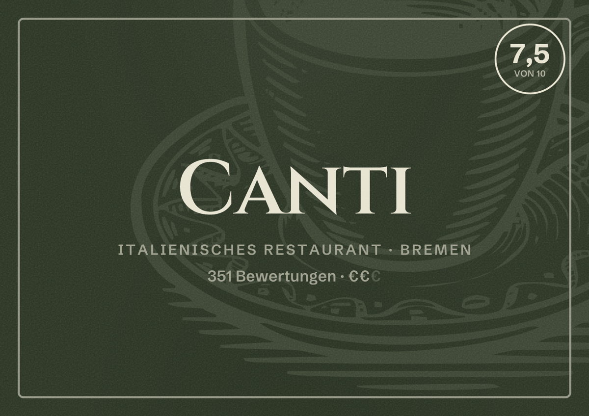 Illustriertes Poster von Canti, Italienisches Restaurant in Bremen: Bewertung 7,5 von 10 aus 351 Bewertungen, Preisniveau €€