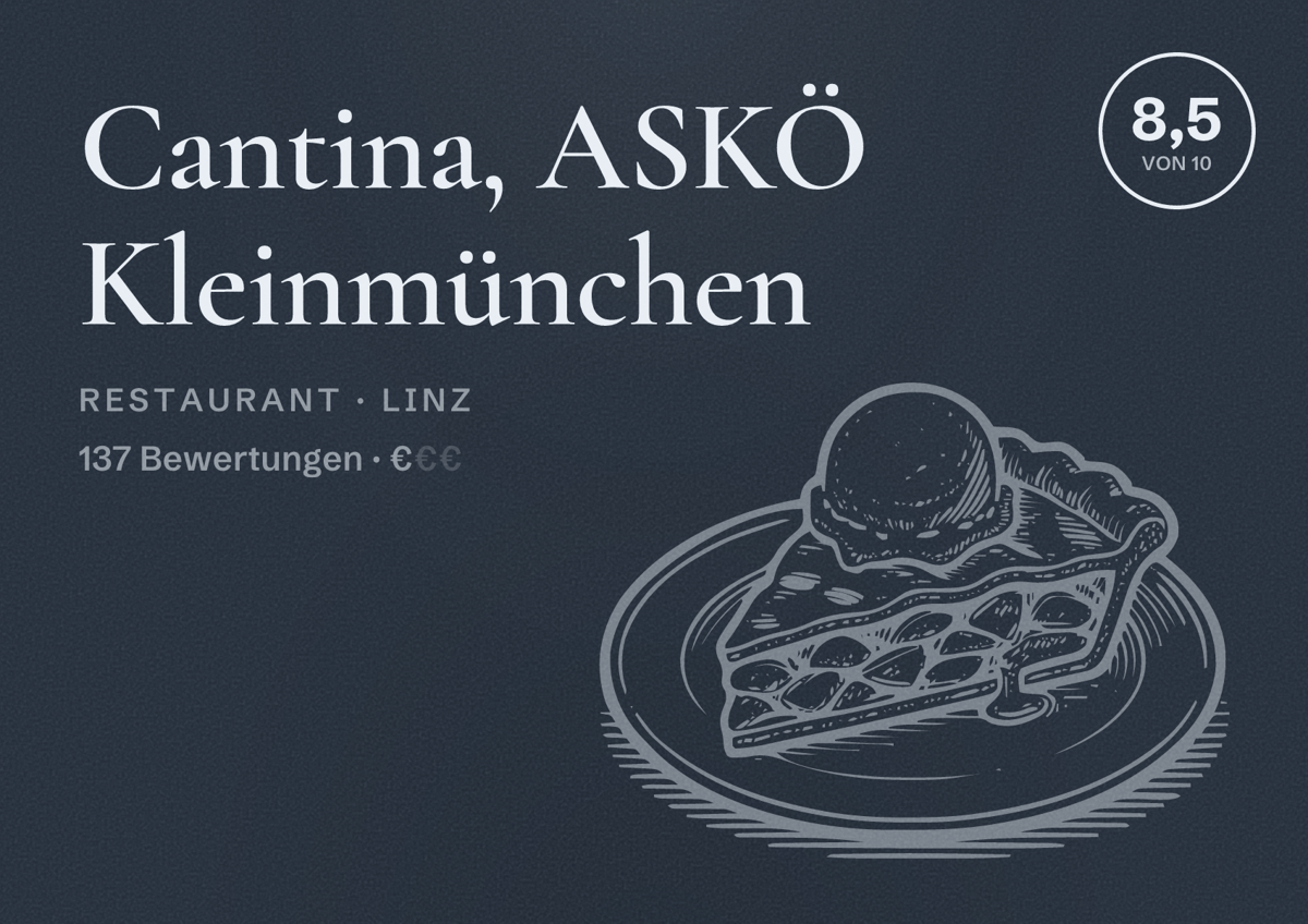 Illustriertes Poster von Cantina, ASKÖ Kleinmünchen, Restaurant in Linz: Bewertung 8,5 von 10 aus 137 Bewertungen, Preisniveau €