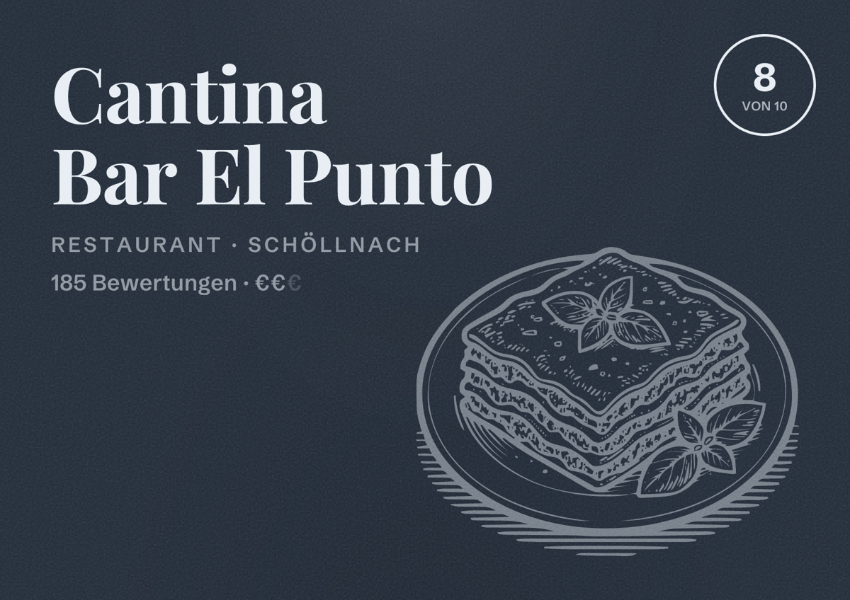 Illustriertes Poster von Cantina Bar El Punto, Restaurant in Schöllnach: Bewertung 8 von 10 aus 185 Bewertungen, Preisniveau €€