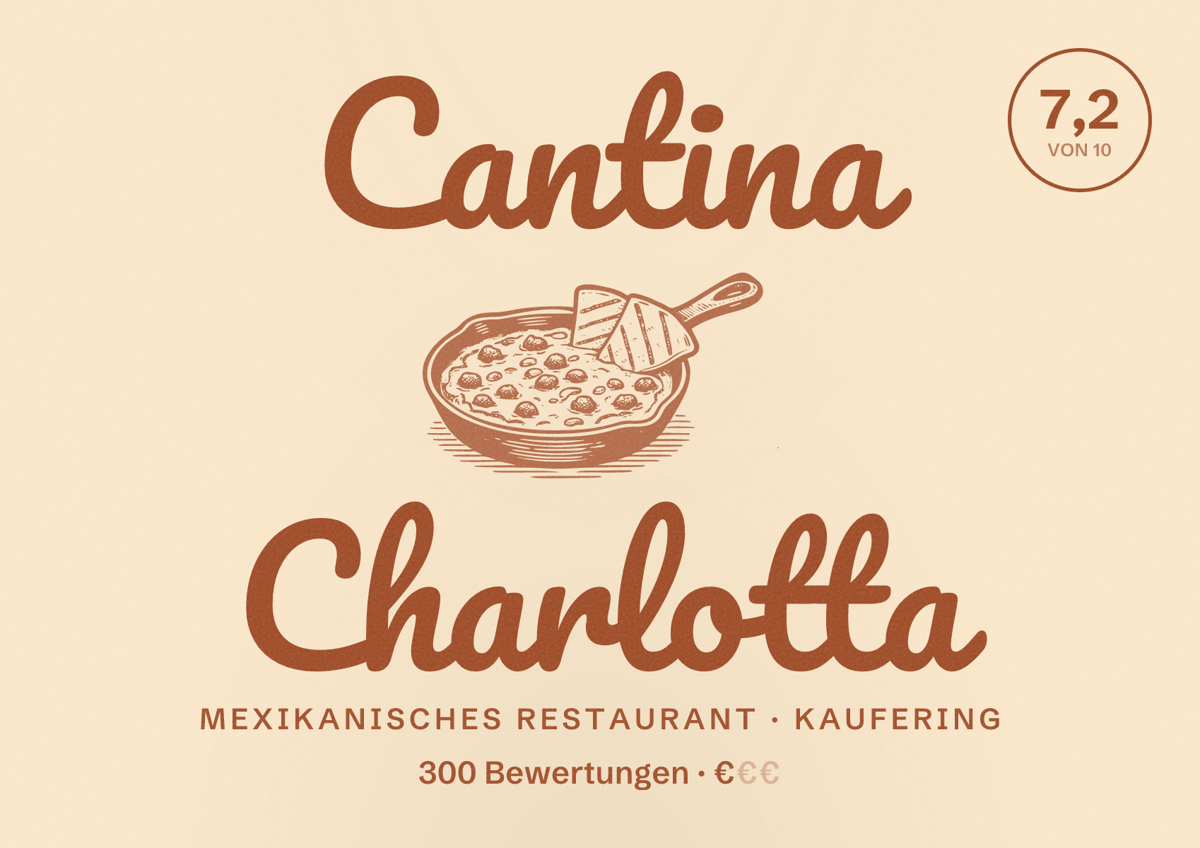 Illustriertes Poster von Cantina Charlotta, Mexikanisches Restaurant in Kaufering: Bewertung 7,2 von 10 aus 300 Bewertungen, Preisniveau €