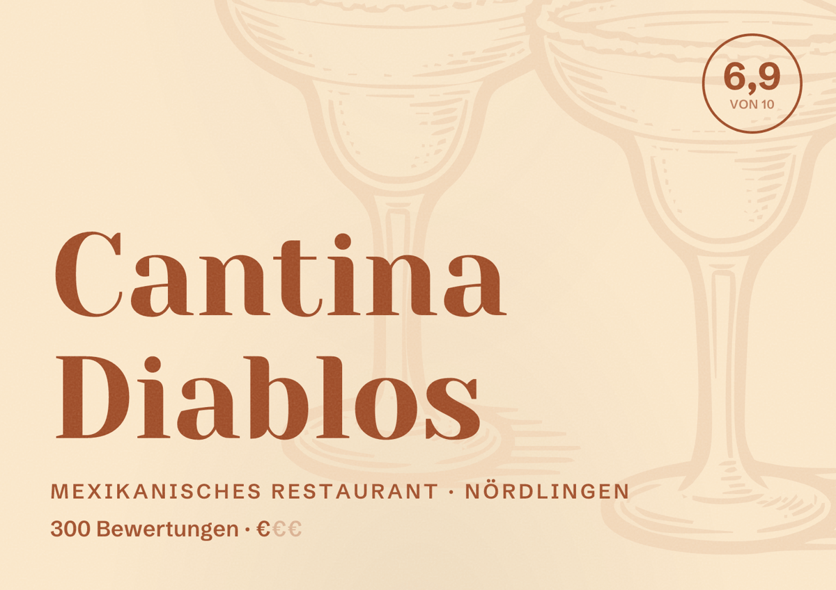 Illustriertes Poster von Cantina Diablos, Mexikanisches Restaurant in Nördlingen: Bewertung 6,9 von 10 aus 300 Bewertungen, Preisniveau €