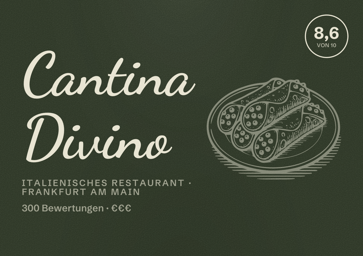 Illustriertes Poster von Cantina Divino, Italienisches Restaurant in Frankfurt am Main: Bewertung 8,6 von 10 aus 300 Bewertungen, Preisniveau €€€