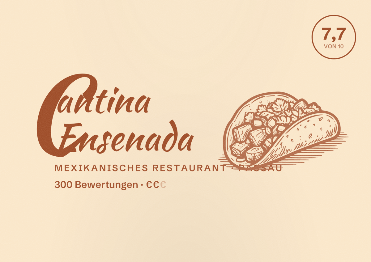 Illustriertes Poster von Cantina Ensenada, Mexikanisches Restaurant in Passau: Bewertung 7,7 von 10 aus 300 Bewertungen, Preisniveau €€