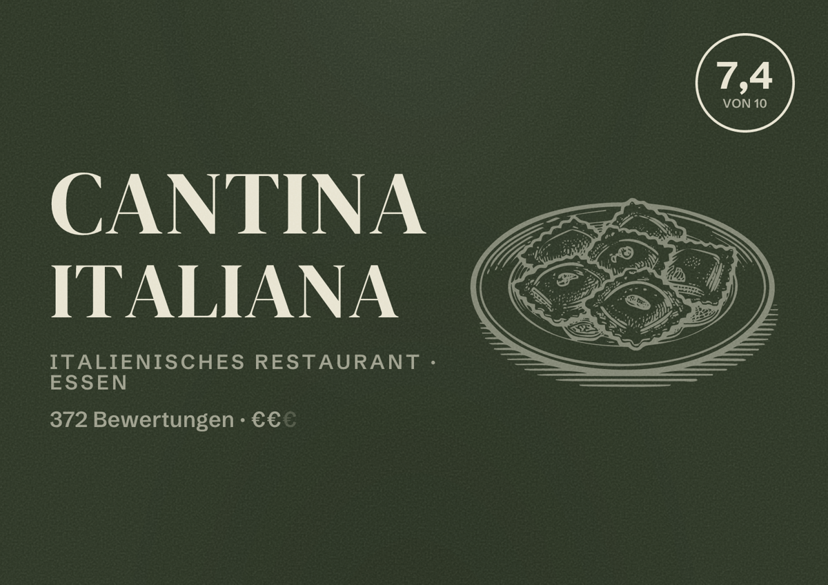 Illustriertes Poster von Cantina Italiana, Italienisches Restaurant in Essen: Bewertung 7,4 von 10 aus 372 Bewertungen, Preisniveau €€