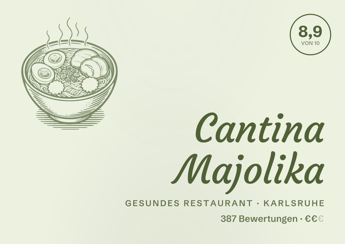 Illustriertes Poster von Cantina Majolika, Gesundes Restaurant in Karlsruhe: Bewertung 8,9 von 10 aus 387 Bewertungen, Preisniveau €€