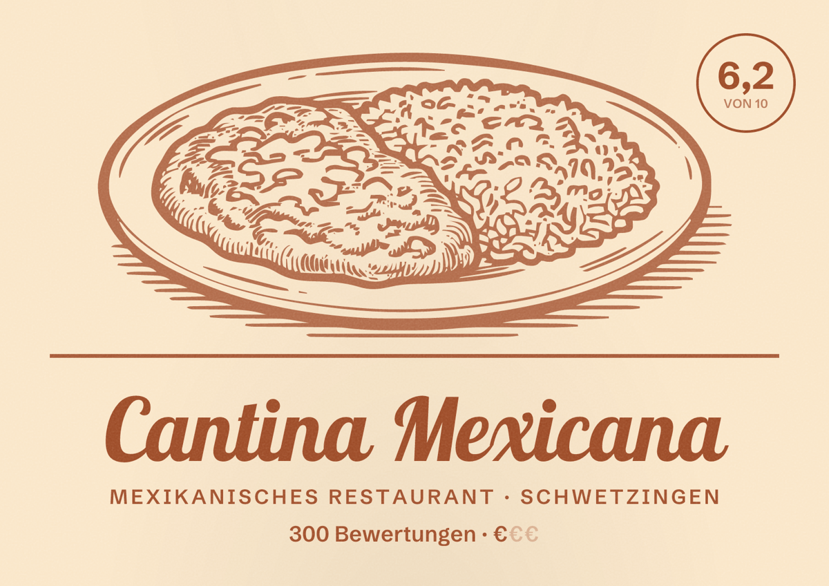 Illustriertes Poster von Cantina Mexicana, Mexikanisches Restaurant in Schwetzingen: Bewertung 6,2 von 10 aus 300 Bewertungen, Preisniveau €