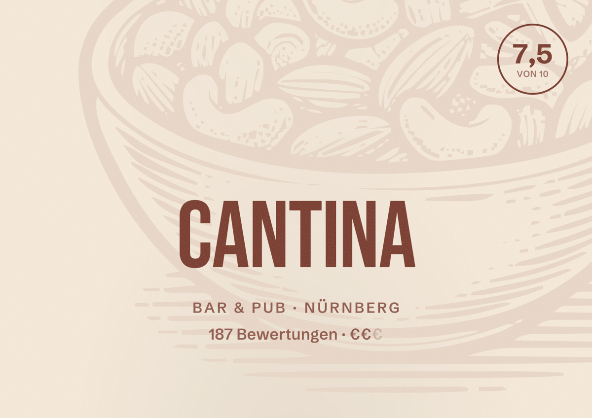 Illustriertes Poster von Cantina, Bar & Pub in Nürnberg: Bewertung 7,5 von 10 aus 187 Bewertungen, Preisniveau €€