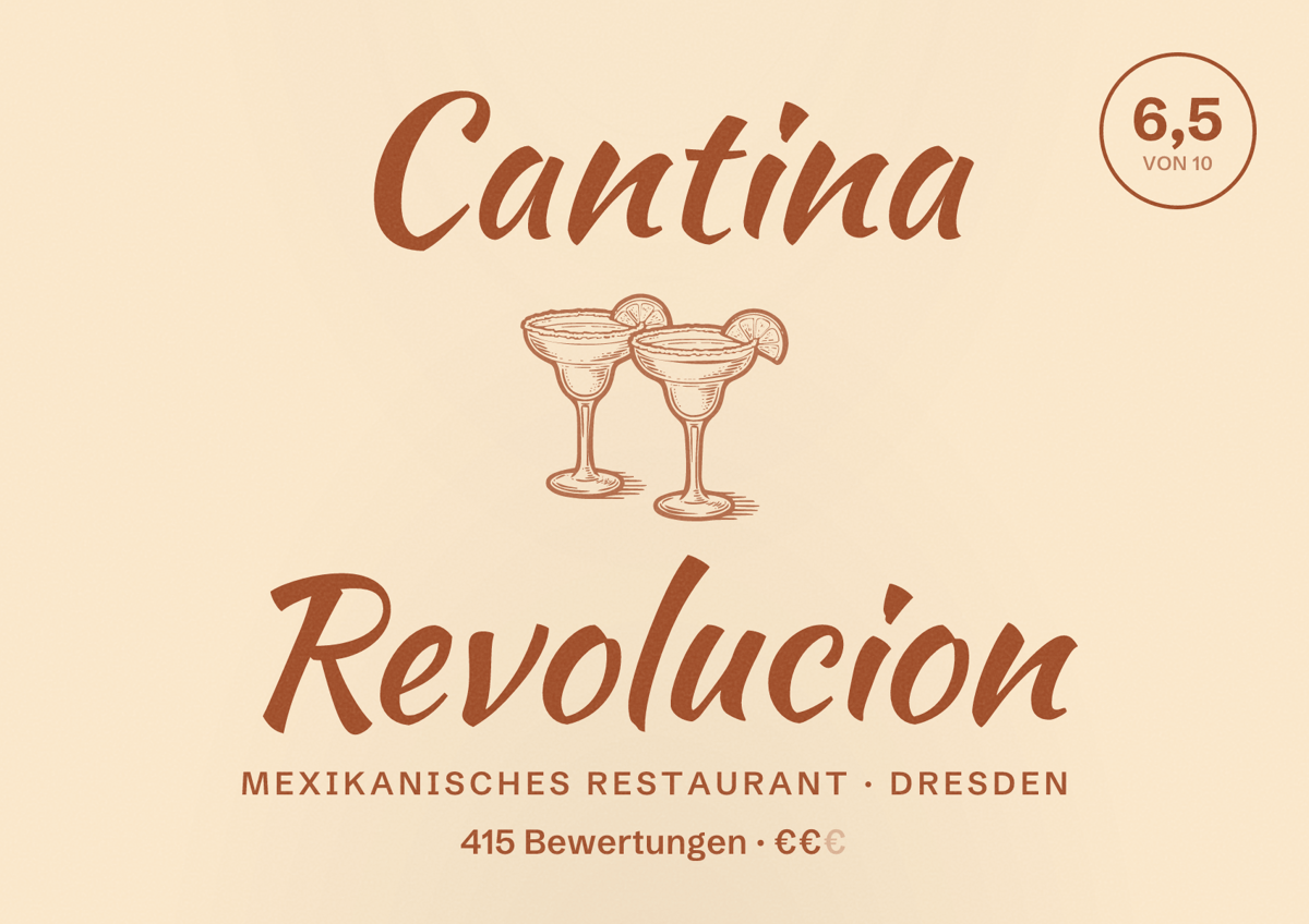 Illustriertes Poster von Cantina Revolucion, Mexikanisches Restaurant in Dresden: Bewertung 6,5 von 10 aus 415 Bewertungen, Preisniveau €€