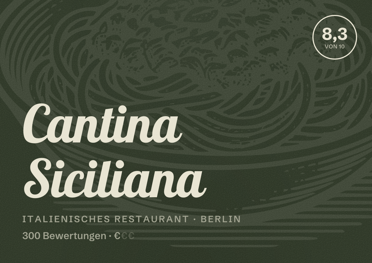 Illustriertes Poster von Cantina Siciliana, Italienisches Restaurant in Berlin: Bewertung 8,3 von 10 aus 300 Bewertungen, Preisniveau €