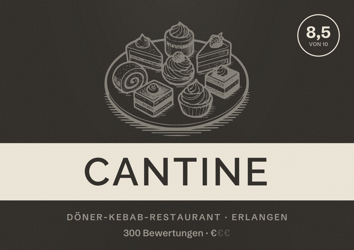 Illustriertes Poster von Cantine, Döner-Kebab-Restaurant in Erlangen: Bewertung 8,5 von 10 aus 300 Bewertungen, Preisniveau €