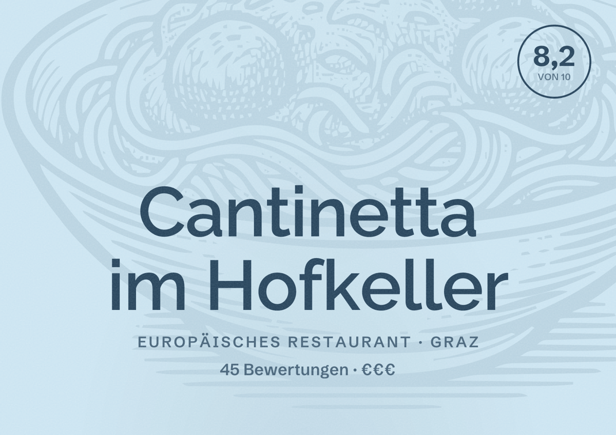 Illustriertes Poster von Cantinetta im Hofkeller, Europäisches Restaurant in Graz: Bewertung 8,2 von 10 aus 45 Bewertungen, Preisniveau €€€