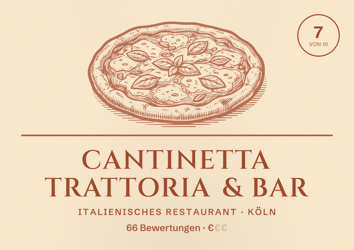 Illustriertes Poster von cantinetta trattoria & bar, Italienisches Restaurant in Köln: Bewertung 7,0 von 10 aus 66 Bewertungen, Preisniveau €