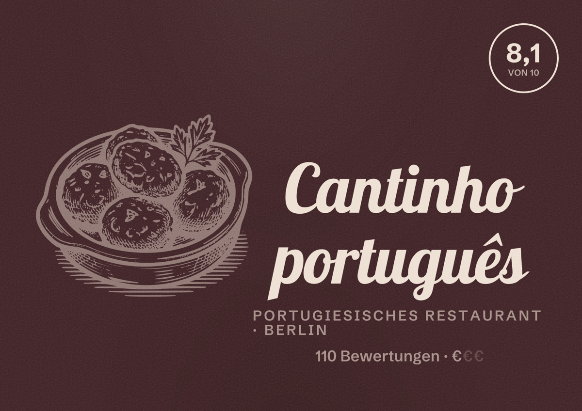 Illustriertes Poster von Cantinho português, Portugiesisches Restaurant in Berlin: Bewertung 8,1 von 10 aus 110 Bewertungen, Preisniveau €