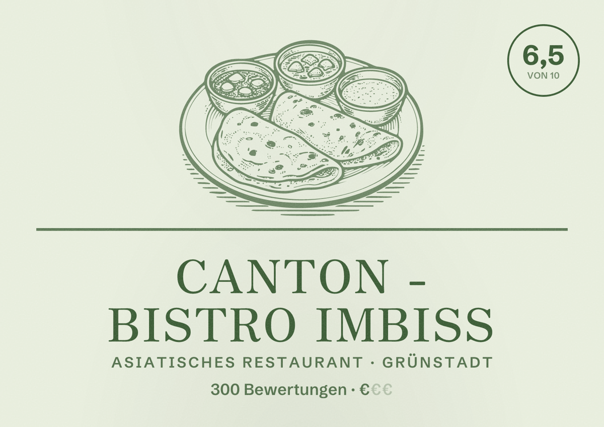 Illustriertes Poster von Canton - Bistro Imbiss, Asiatisches Restaurant in Grünstadt: Bewertung 6,5 von 10 aus 300 Bewertungen, Preisniveau €