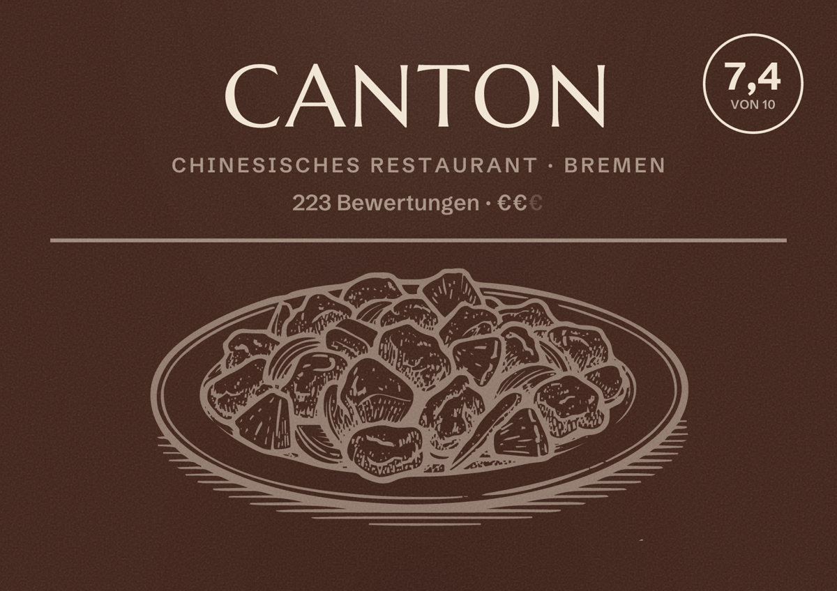 Illustriertes Poster von Canton, Chinesisches Restaurant in Bremen: Bewertung 7,4 von 10 aus 223 Bewertungen, Preisniveau €€