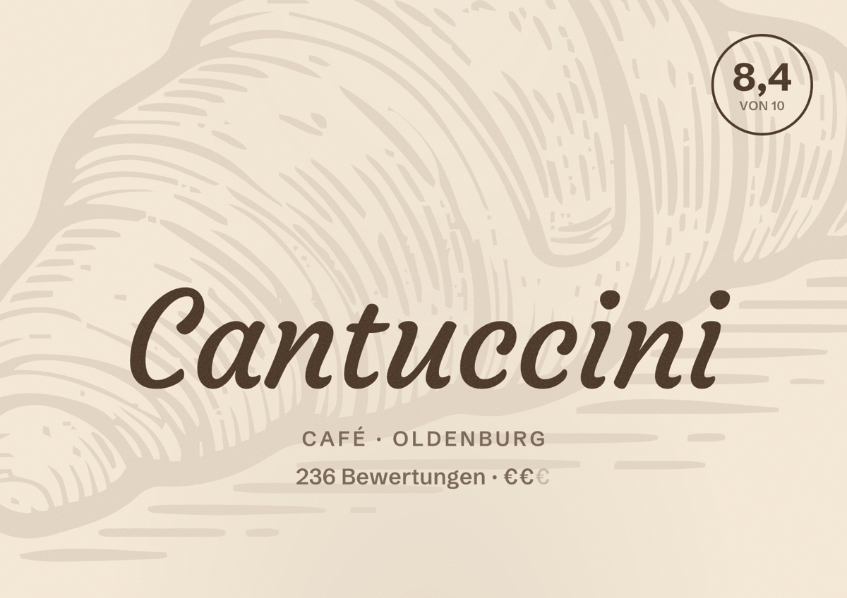 Illustriertes Poster von Cantuccini, Café in Oldenburg: Bewertung 8,4 von 10 aus 236 Bewertungen, Preisniveau €€