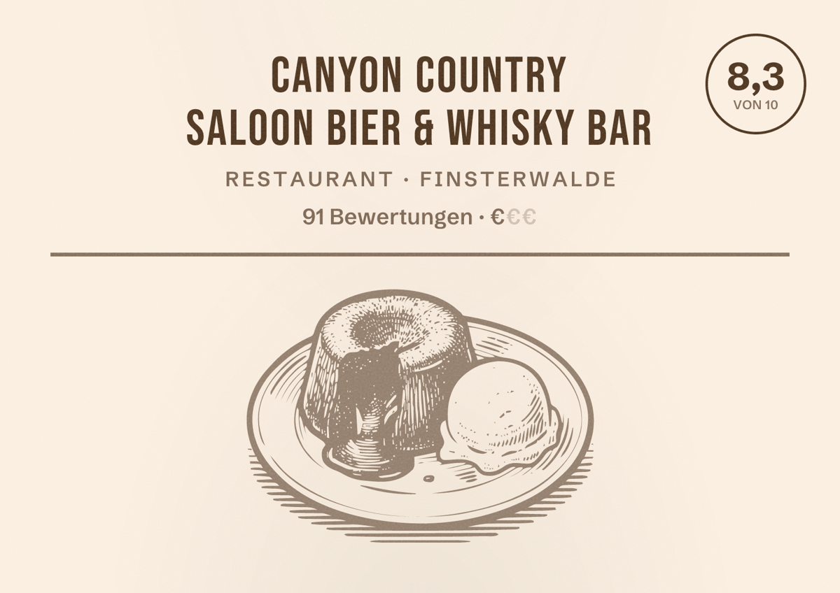 Illustriertes Poster von Canyon Country Saloon Bier & Whisky Bar, Restaurant in Finsterwalde: Bewertung 8,3 von 10 aus 91 Bewertungen, Preisniveau €