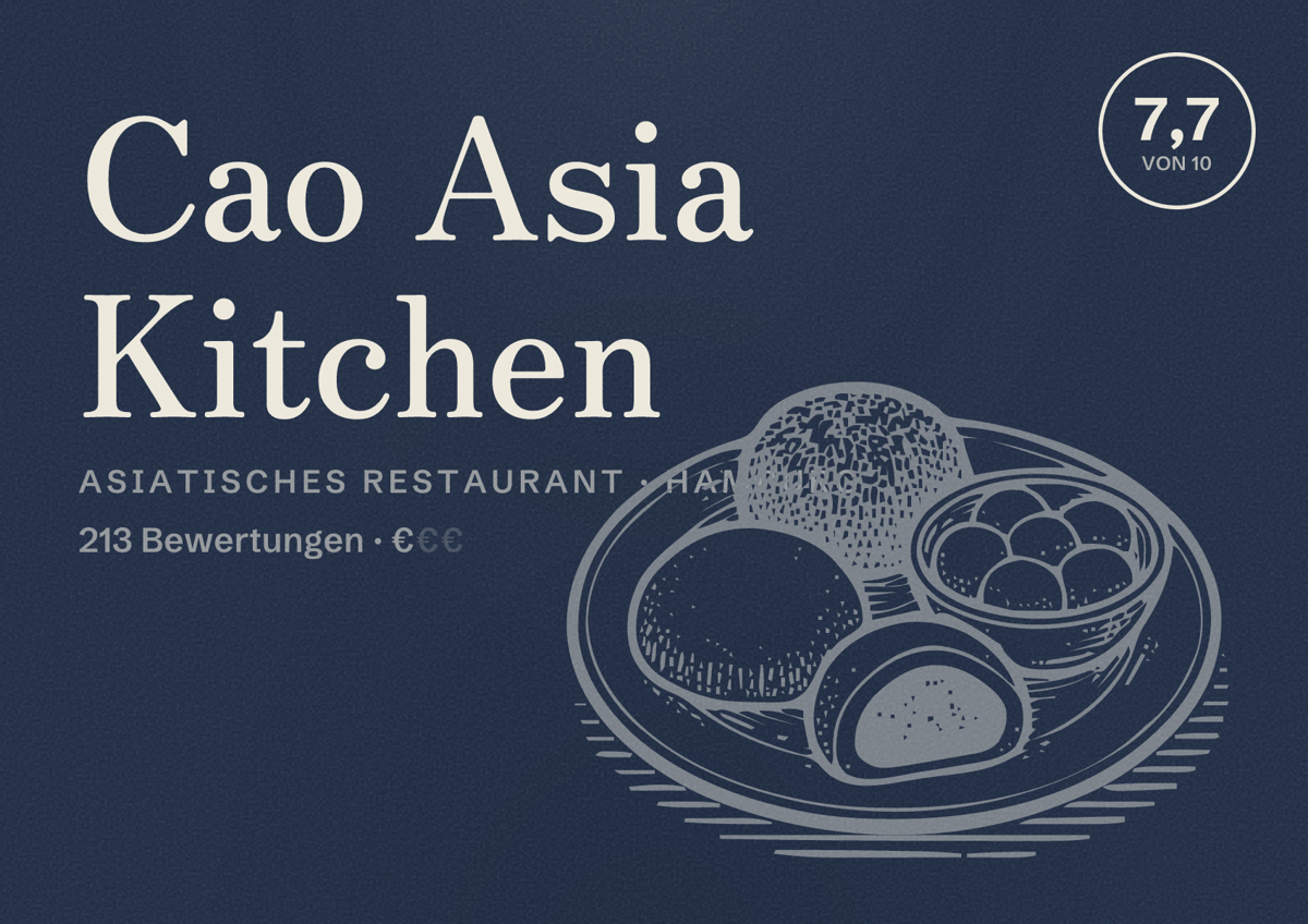 Illustriertes Poster von Cao Asia Kitchen, Asiatisches Restaurant in Hamburg: Bewertung 7,7 von 10 aus 213 Bewertungen, Preisniveau €