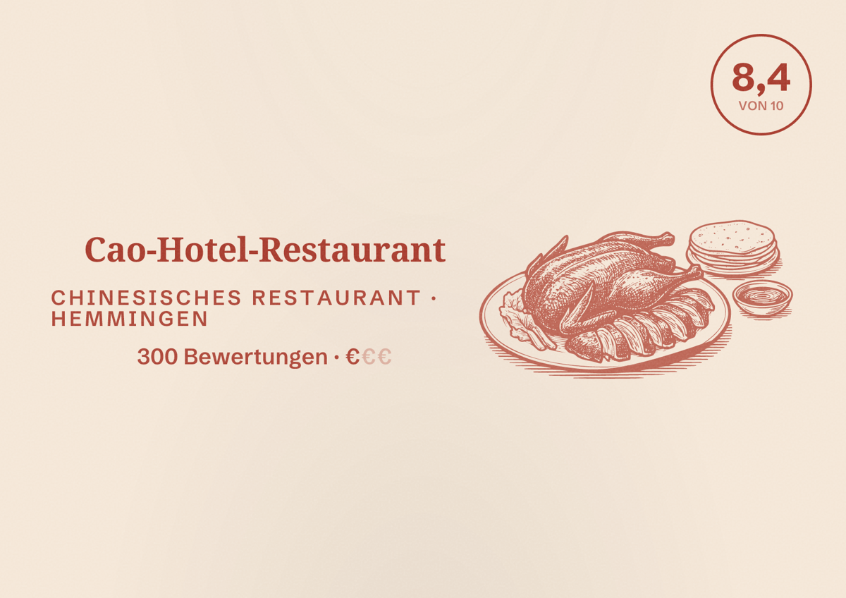 Illustriertes Poster von Cao-Hotel-Restaurant, Chinesisches Restaurant in Hemmingen: Bewertung 8,4 von 10 aus 300 Bewertungen, Preisniveau €
