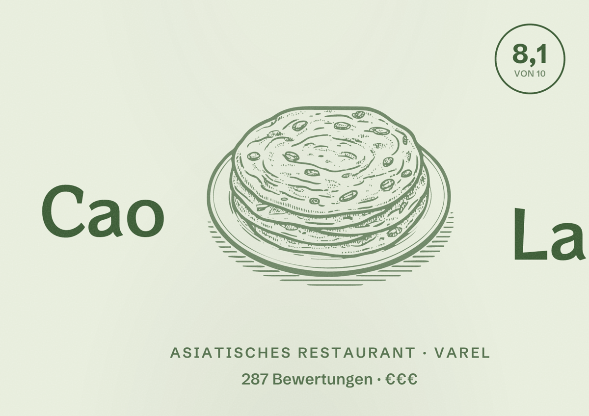 Illustriertes Poster von Cao Lai, Asiatisches Restaurant in Varel: Bewertung 8,1 von 10 aus 287 Bewertungen, Preisniveau €€€