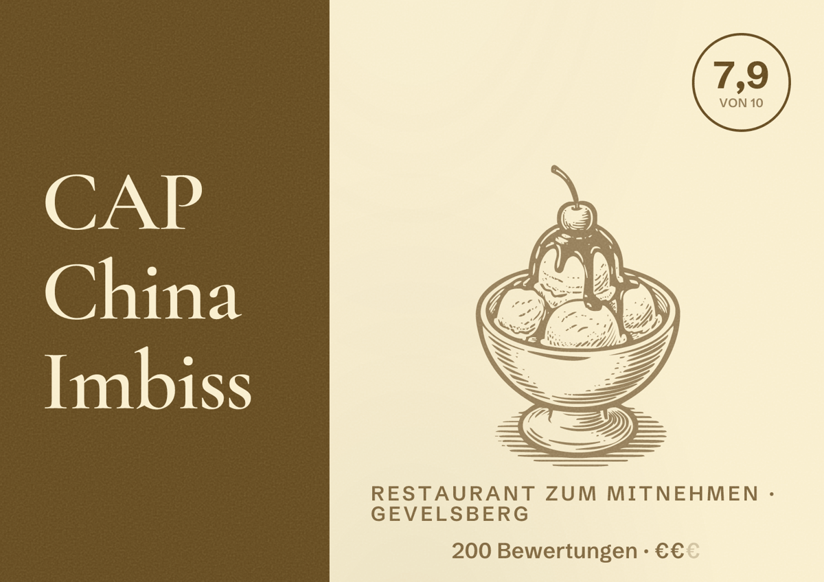 Illustriertes Poster von CAP China Imbiss, Restaurant zum Mitnehmen in Gevelsberg: Bewertung 7,9 von 10 aus 200 Bewertungen, Preisniveau €€